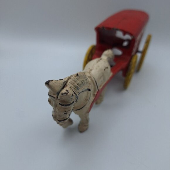 Cast Iron Ice Trailor Horse Vintage White Red Moving Wheels Metal Axle Wagon - Picture 4 of 9